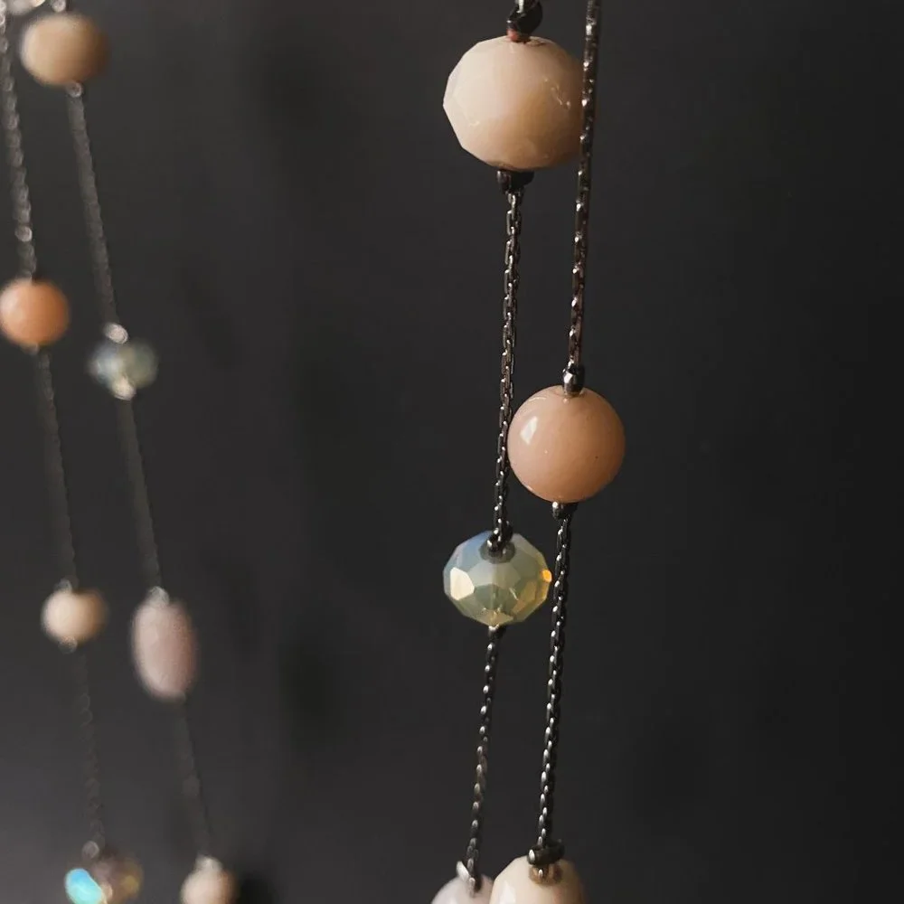 38" LOFT Pastel Pink Champagne Beaded Silver Chain Boho Double Strand Necklace - Picture 7 of 11